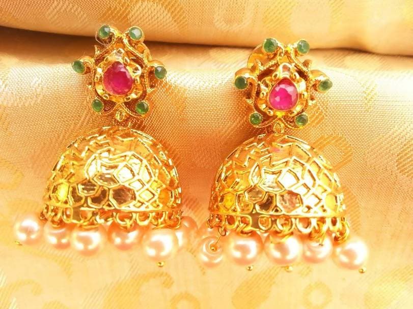 Multicolor Antique Jhumkas With Hanging Pearls