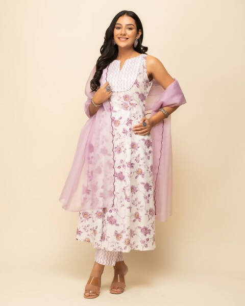 FIORRA Women's White Cotton A-Line Kurta Pant With Dupatta - Distacart