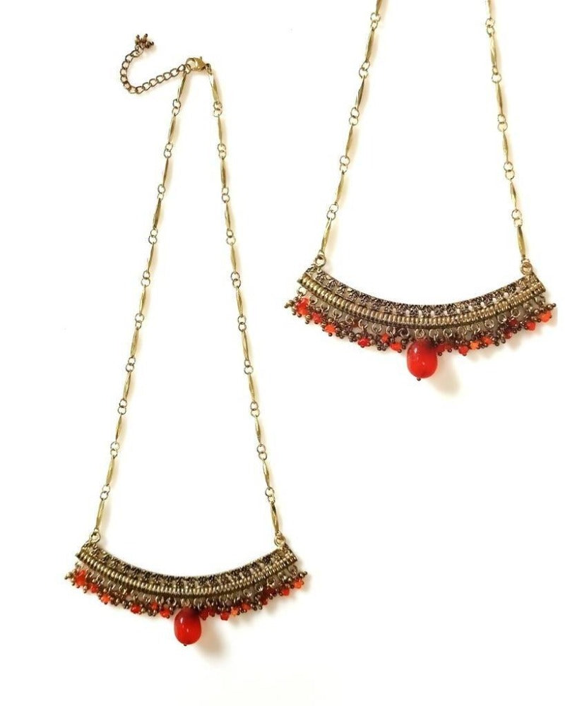 Bling Accessories Antique Brass Finish Metal Carnelian Agate Semi Precious Stone Pendant Necklace