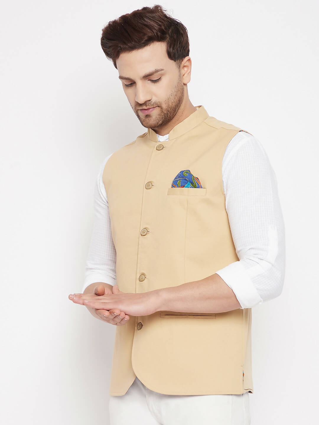 Even Apparels Beige Polyester Men's Nehru Jacket-Contrast Lining-Inbuilt Pocket Square - Distacart