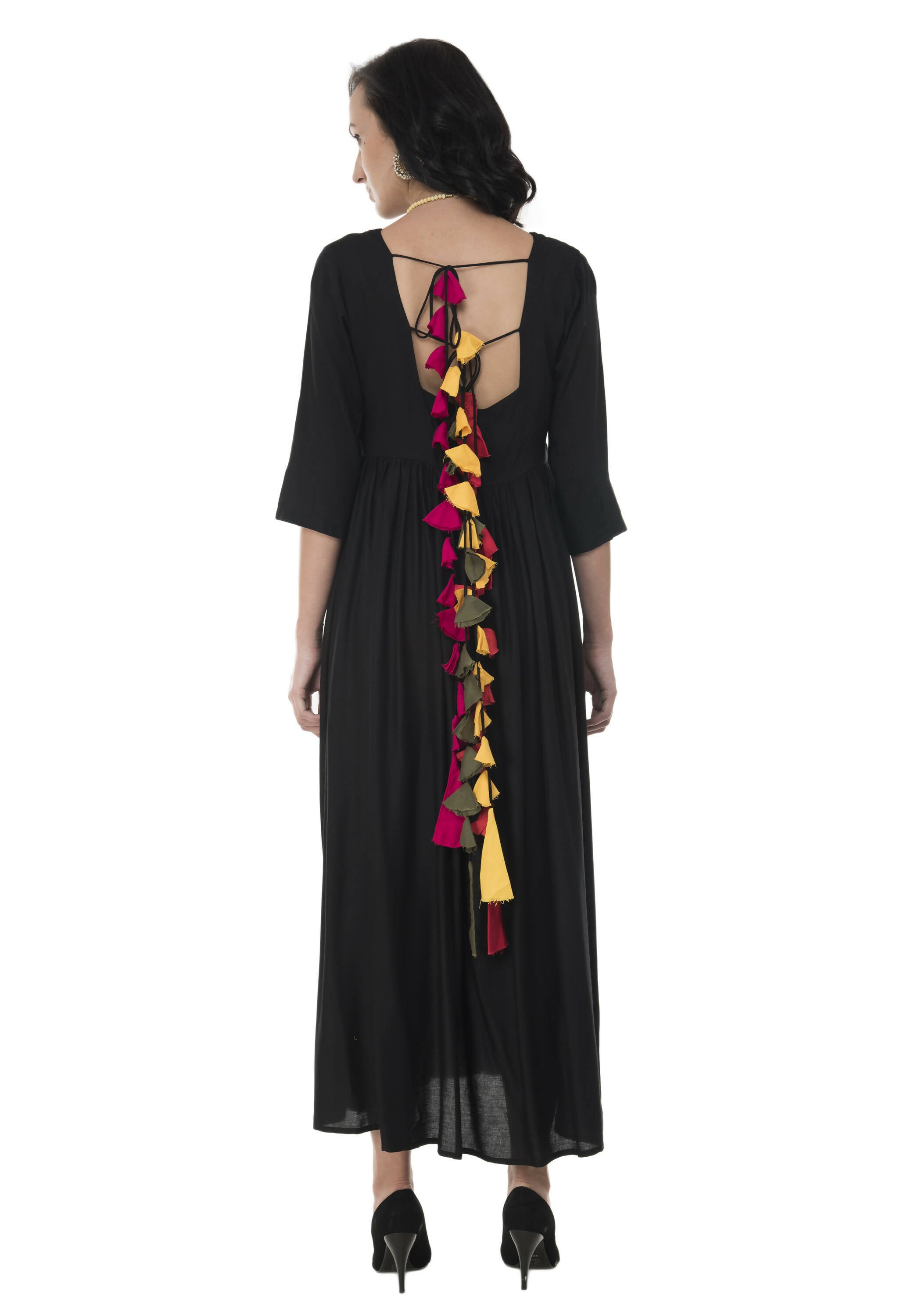 Women's Black Flared Kurti With Front Round Neck And Back Neck With Deep With Dori And Tassels - G & A Apparels - Distacart