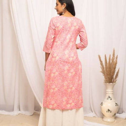 FIORRA Women's Floral Printed Peach Cotton Straight Kurta - Distacart