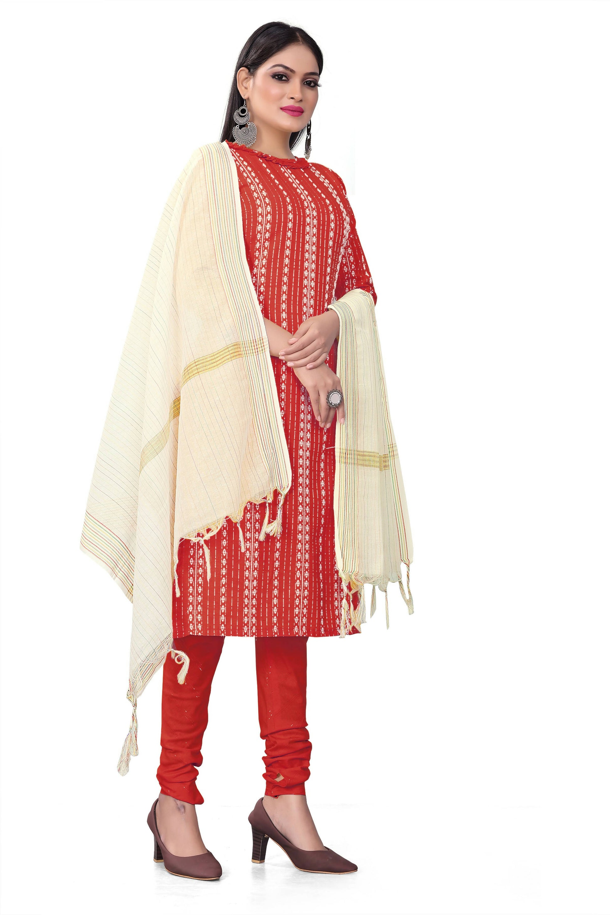 Red Cotton Jacquard Woven Unstitched Dress Material - Amara - Distacart