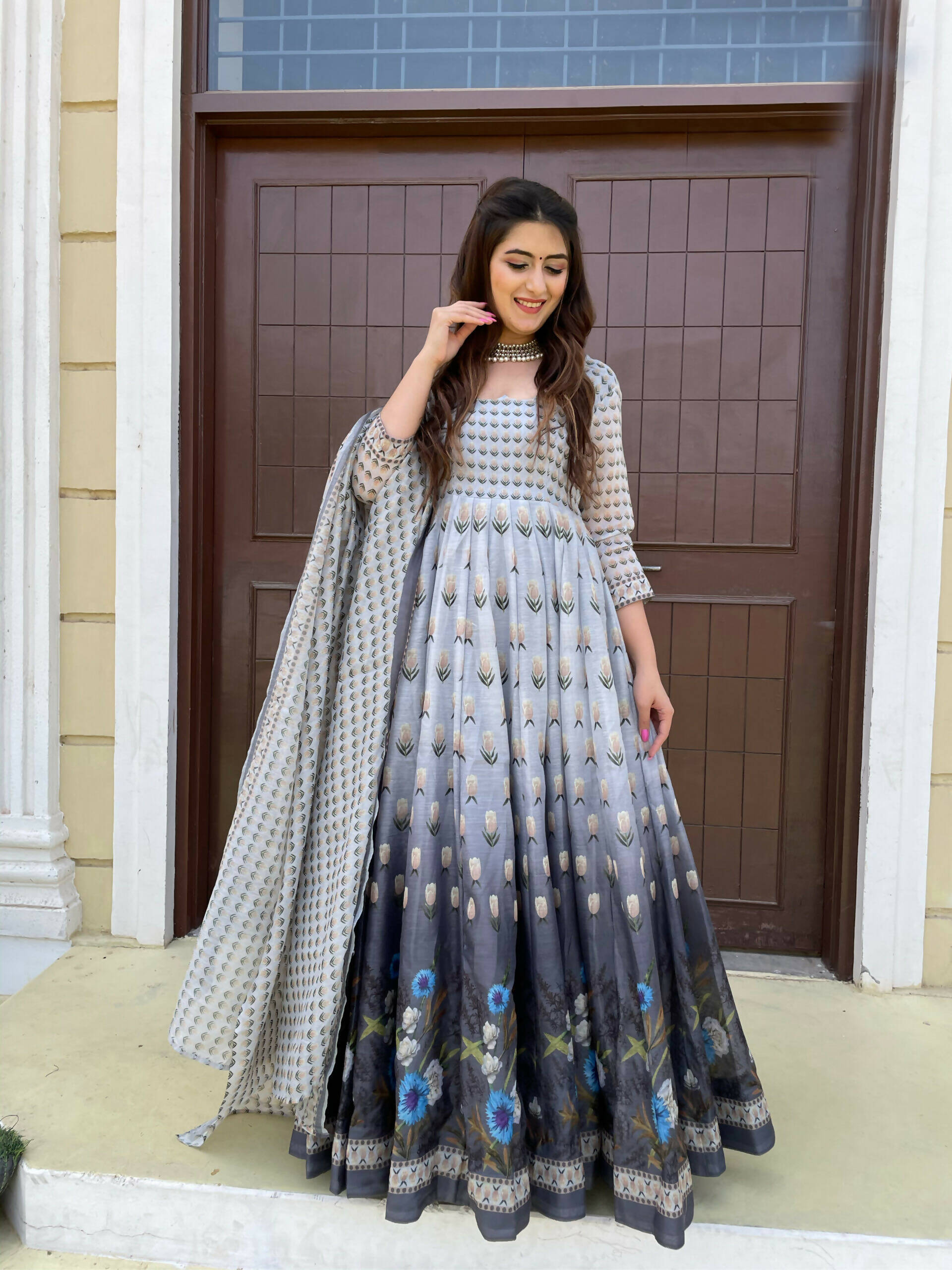 Partywear Designer Gray Chanderi Suit - Anbazaar - Distacart
