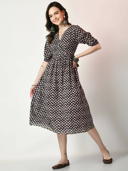 Myshka Women's Black Empire Printed Dress - Distacart