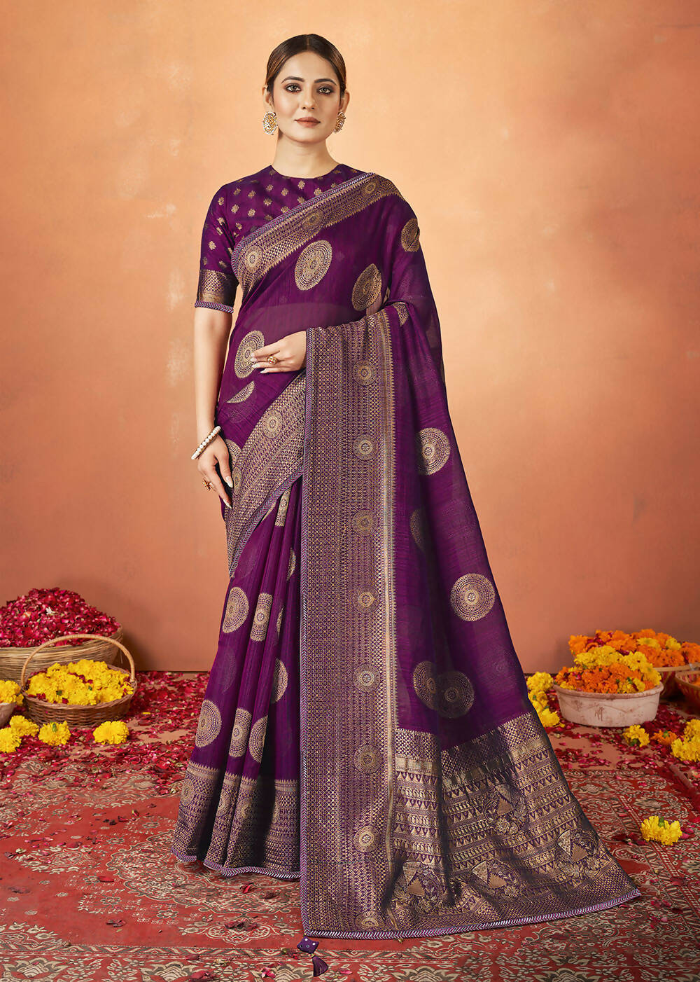 Purple Kanjivaram two tone Silk Woven Design Saree With Unstitched Blouse Piece - Norita Royal Pradha - Distacart