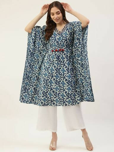 FIORRA Women's Printed Pure Cotton Kaftan Kurta - Blue - Distacart