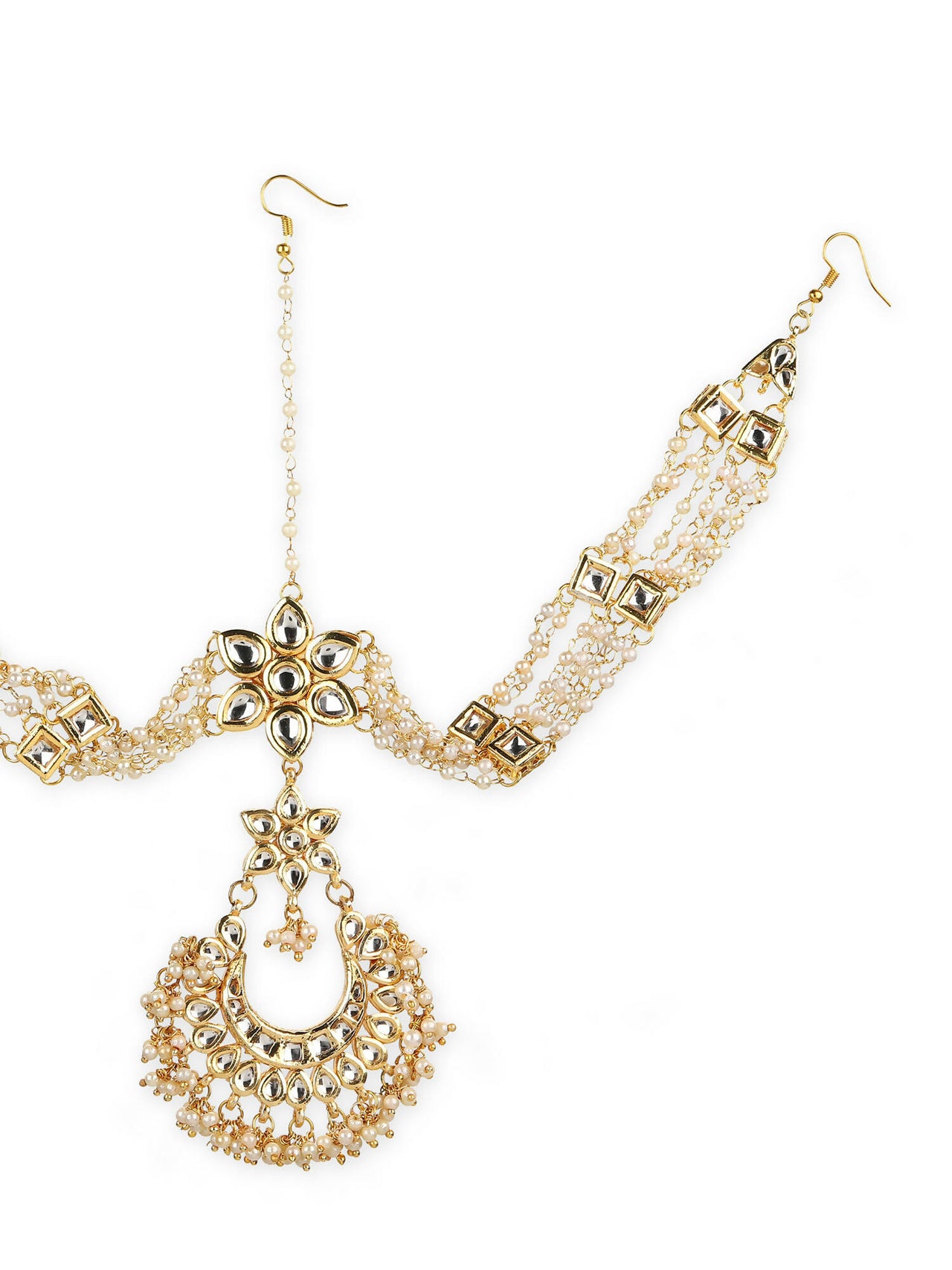 Gold-Plated White Kundan-Studded Pearl Beaded Matha Patti - Ruby Raang - Distacart