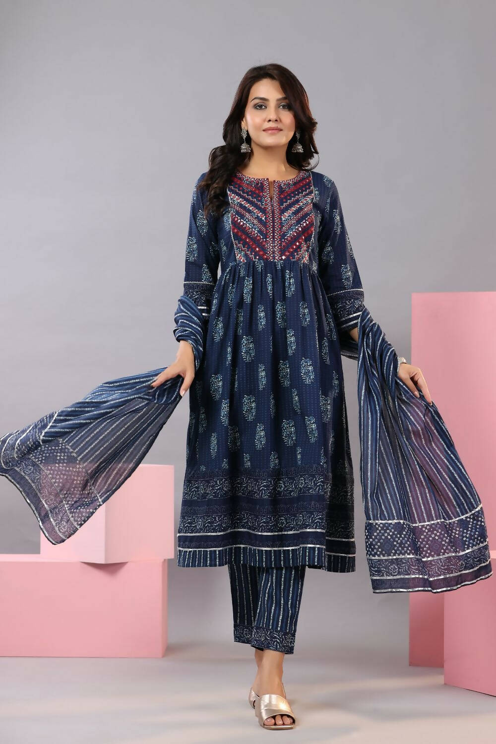 Juniper Women Indigo Cotton Cambric Batik texture Printed Kurta, Pants and Dupatta Set - Distacart