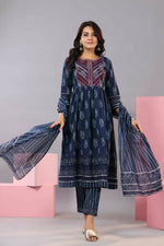 Thumbnail for Juniper Women Indigo Cotton Cambric Batik texture Printed Kurta, Pants and Dupatta Set - Distacart