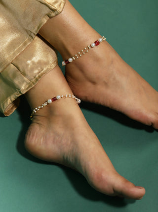 Gold-Plated Pink White Pearl Beaded Anklets Set Of 2 - Ruby Raang - Distacart