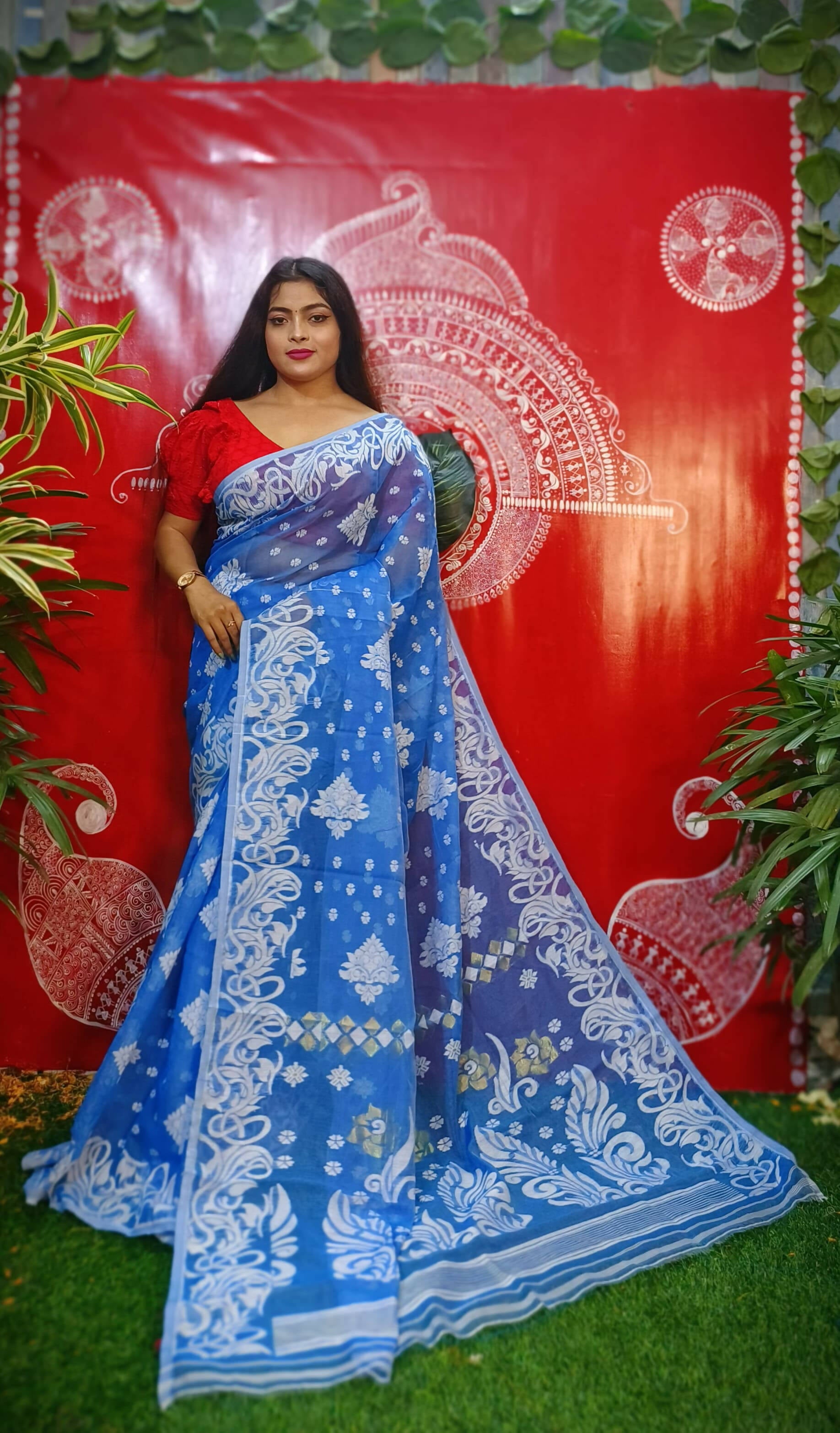 Exclusive Collection Handloom Dhakai Jamdani Saree - Blue - Distacart