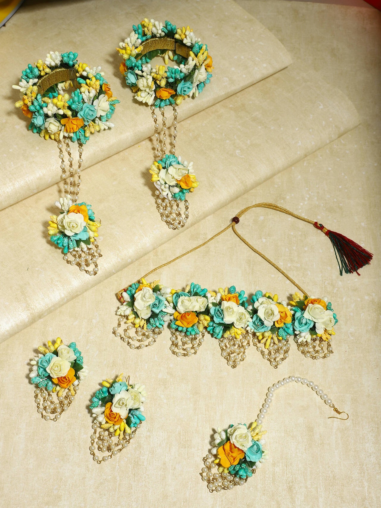 Flower Jewellery Gold-Plated Turquoise Blue Floral Jewellery Set - Ruby Raang - Distacart
