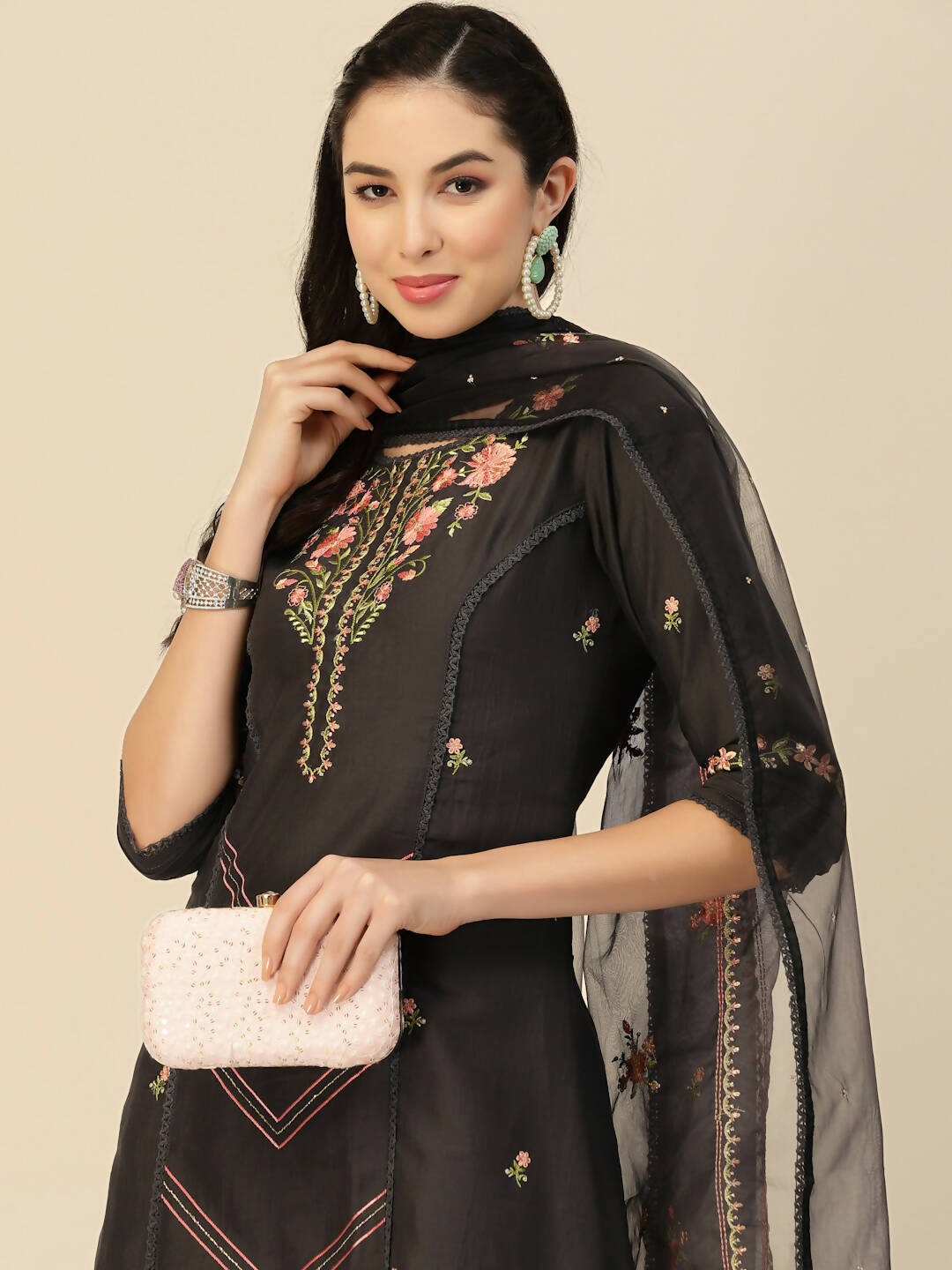 Black Embroidered Chinon Straight Kurta With Trouser & Dupatta - Salimar - Distacart