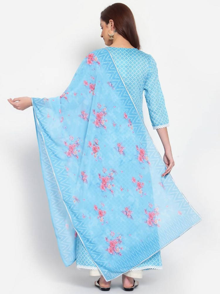 Myshka Women's Blue Printed Cotton Blend 3/4 Sleeve Square Neck Casual Anarkali Kurta Dupatta Set