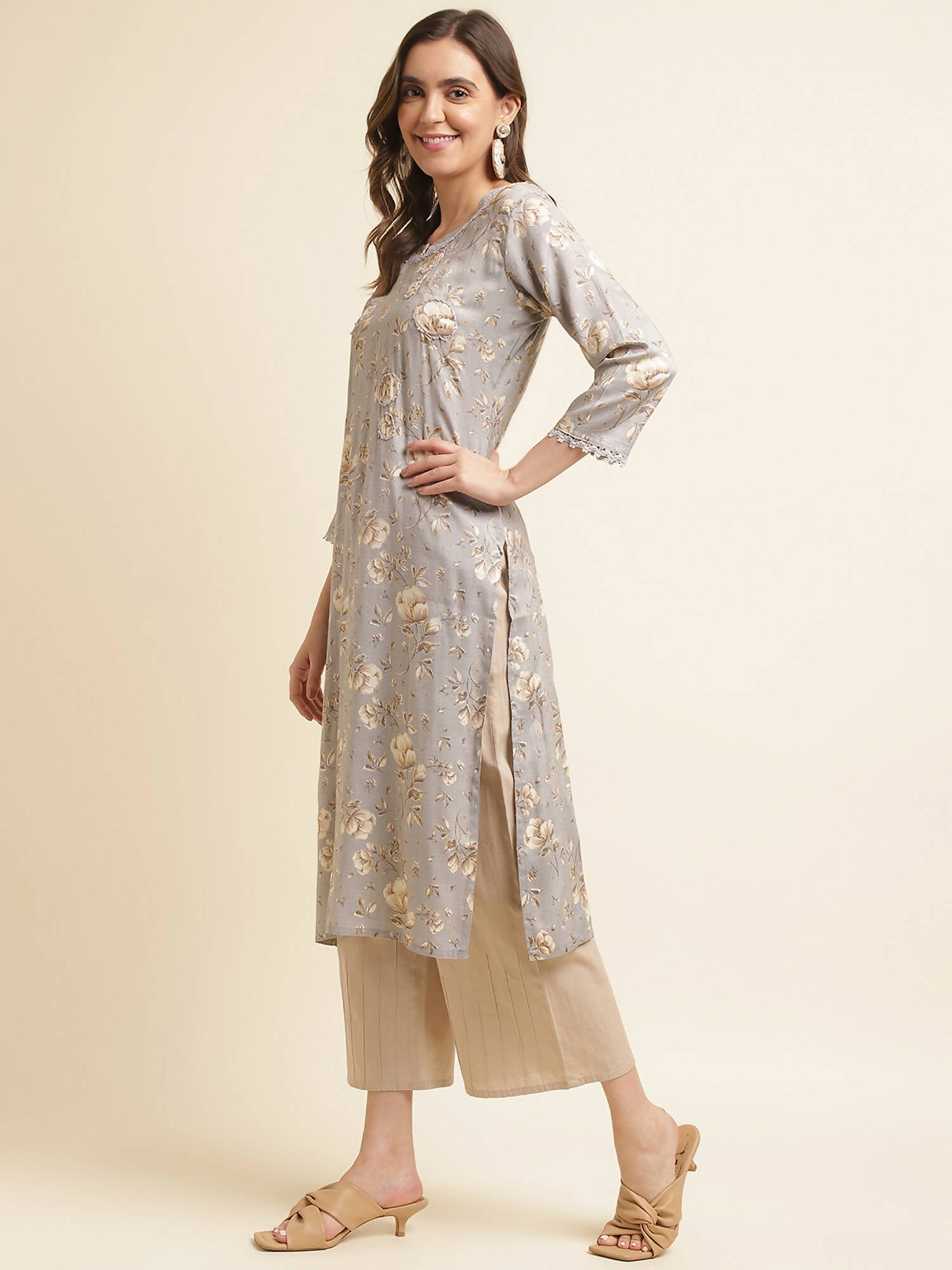 Grey Poly Rayon Floral Printed Straight Kurta - Prasuti - Distacart
