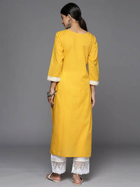 Thumbnail for Varanga Women Mustard Kurta, Three Quarter Sleeves, Round Neck , Straight Kurta With Side Slits - Distacart