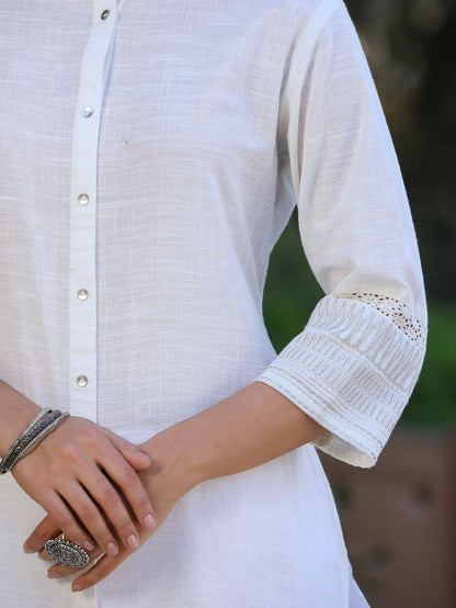 Juniper Women's White Cotton Slub Embroidered Straight Kurta - Distacart