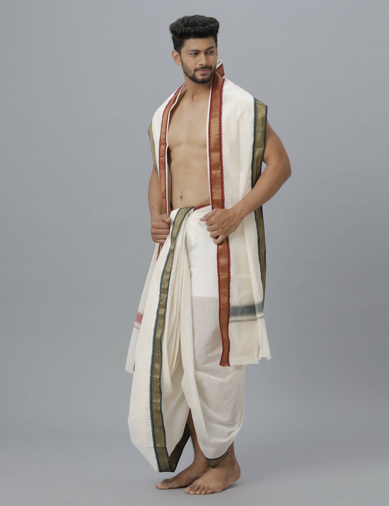 Ramraj Cotton Mens Pure Cotton 5 Khan Jari 9 + 5 Kora Panchakacham Dhoti With Angavastram Set - Distacart