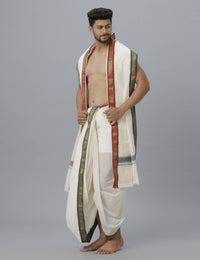 Thumbnail for Ramraj Cotton Mens Pure Cotton 5 Khan Jari 9 + 5 Kora Panchakacham Dhoti With Angavastram Set - Distacart