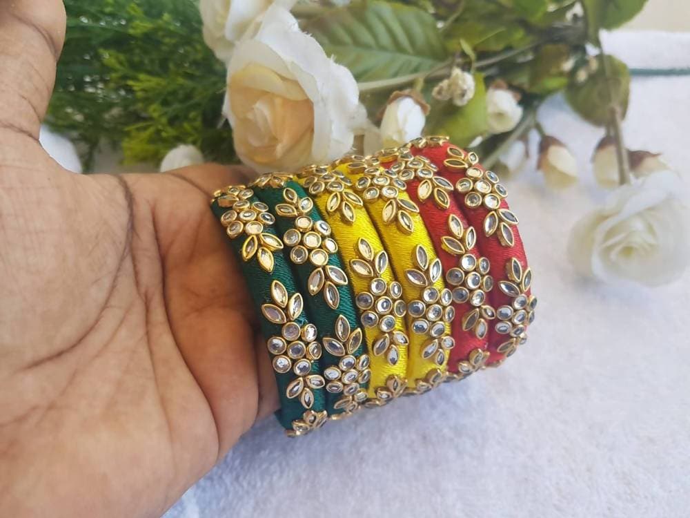 Green, Yellow and Red Silk Threaded Stone Bangles Sets