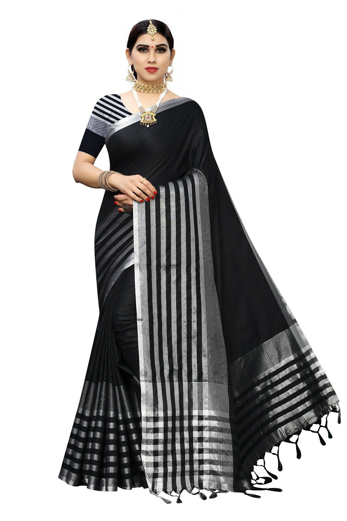Vamika Black Cotton Silk Weaving Saree (Twitter Black) - Distacart