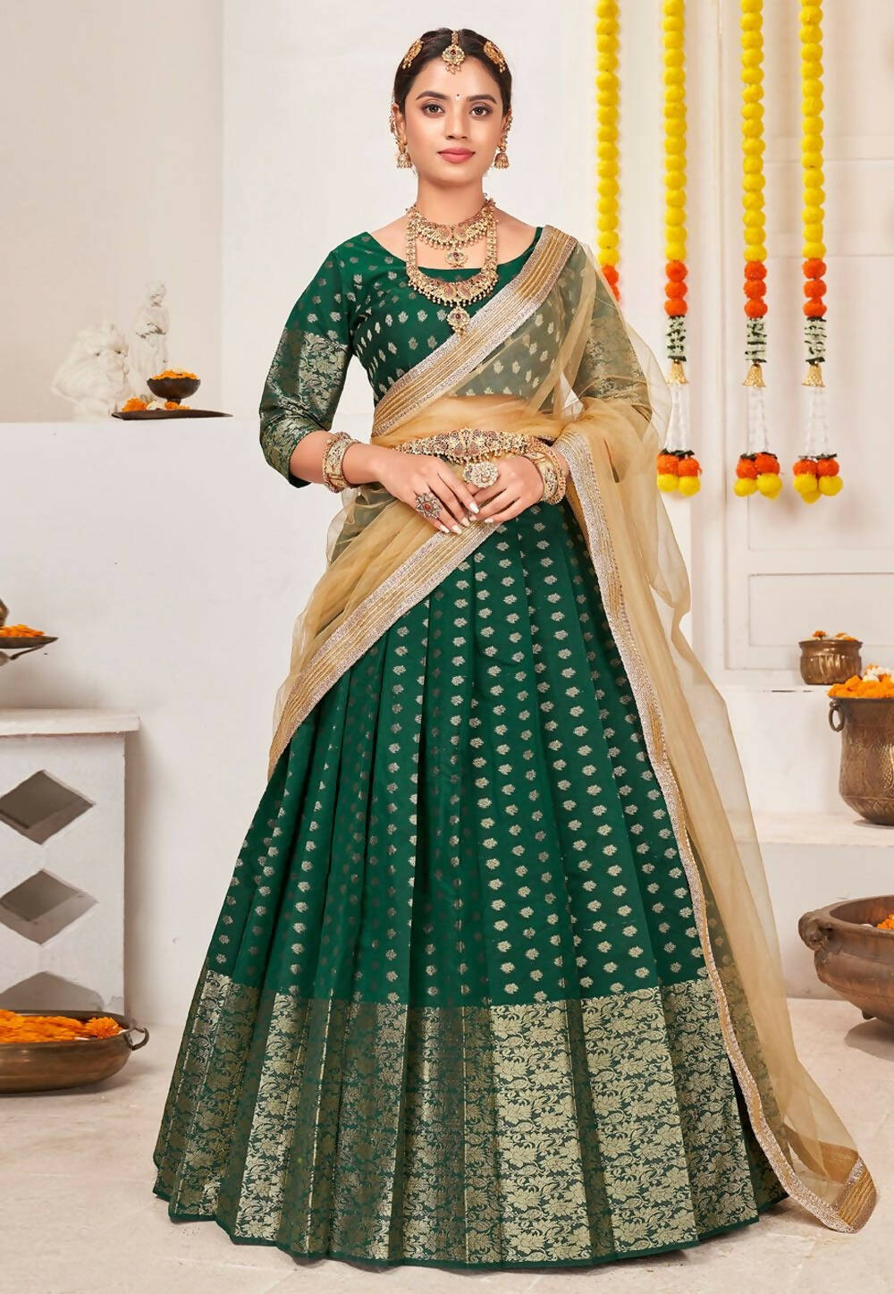 DEIANA'S Beautiful Jackquard Weaving Lehengha Choli - Green - Distacart