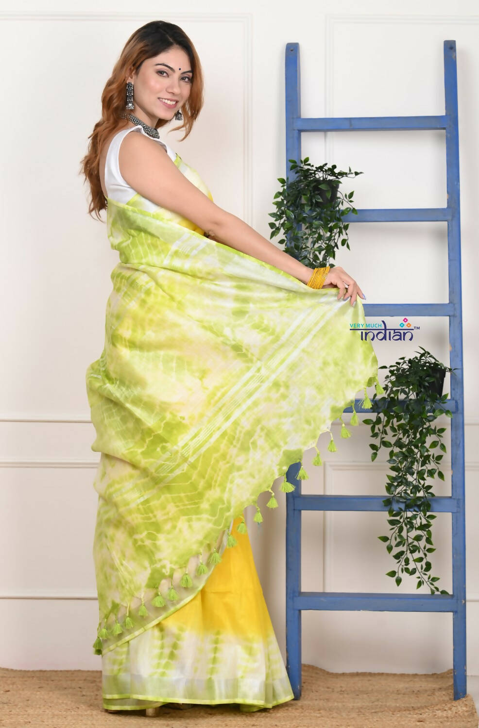 Very Much Indian Handmade Tie And Dye Cotton Saree By Women Weavers - Lime Yellow - Distacart