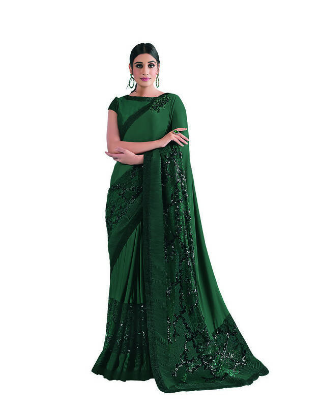 Green Lycra sequence Saree with Unstitched Blouse Piece - Norita Elaura - Distacart