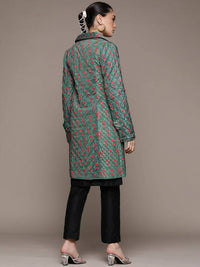 Thumbnail for Ritu Kumar Teal Green & Red Floral Print Quilted Velvet Finish Longline Tailored Jacket - Distacart