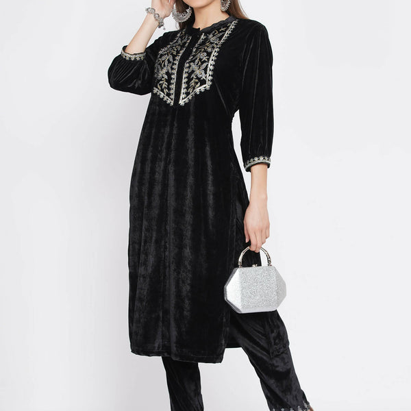 Women Republic Black Velvet Embroidered Kurta With Pants - Distacart