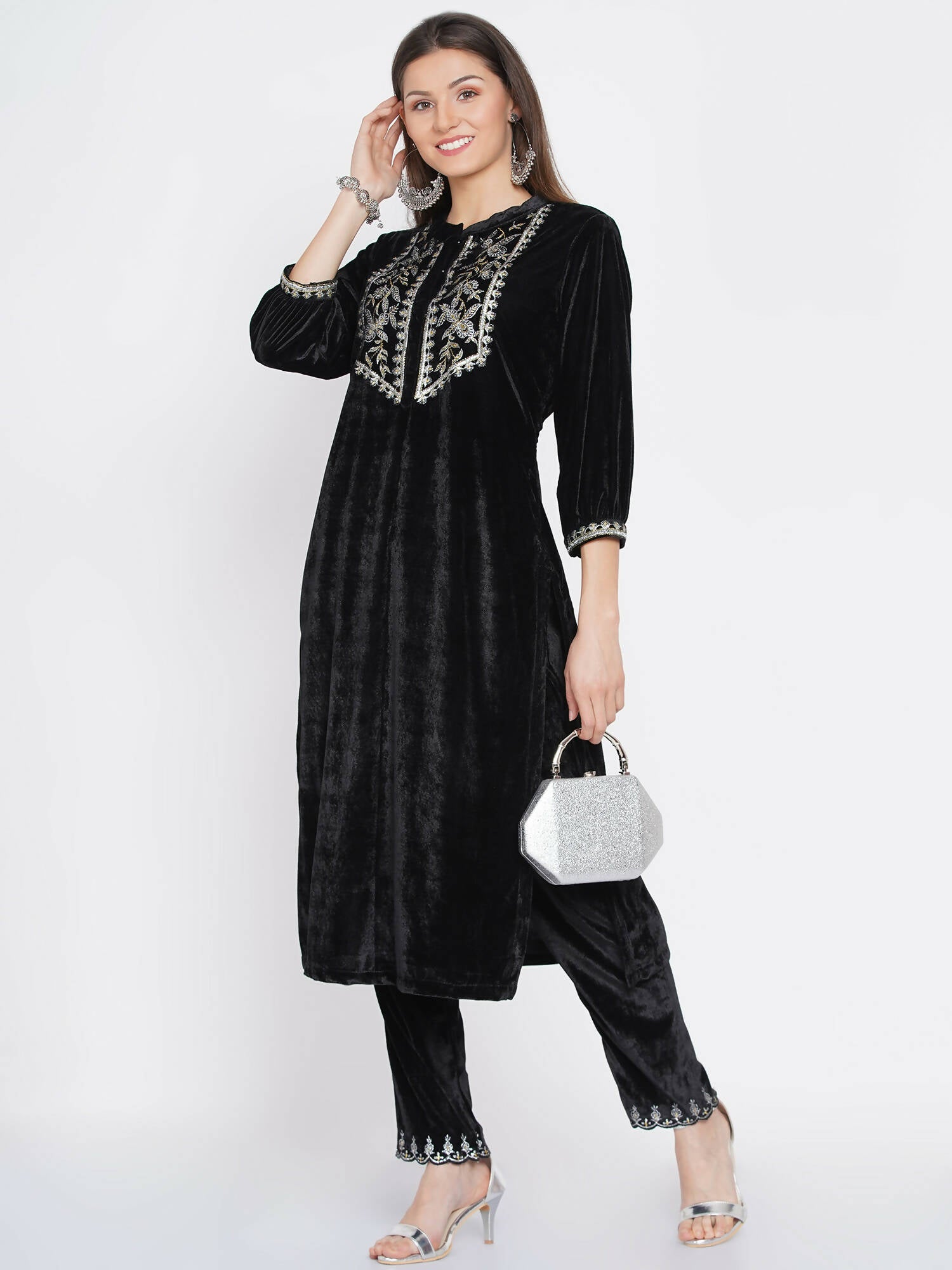 Women Republic Black Velvet Embroidered Kurta With Pants - Distacart