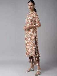 Thumbnail for Yufta Brown & Off White Floral Print Kurta with Trousers and Dupatta Set