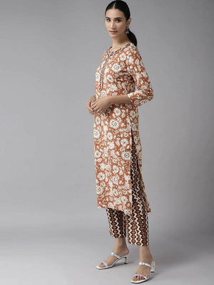Yufta Brown & Off White Floral Print Kurta with Trousers and Dupatta Set