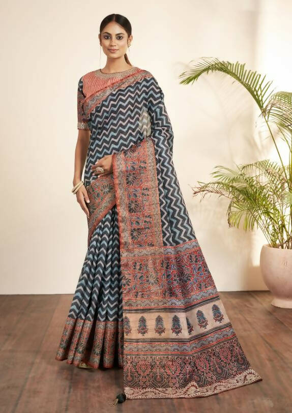 Blue Bhagalpuri Silk Stripe printed with Stone Work & Hand Work Saree - Norita Nirvi - Distacart