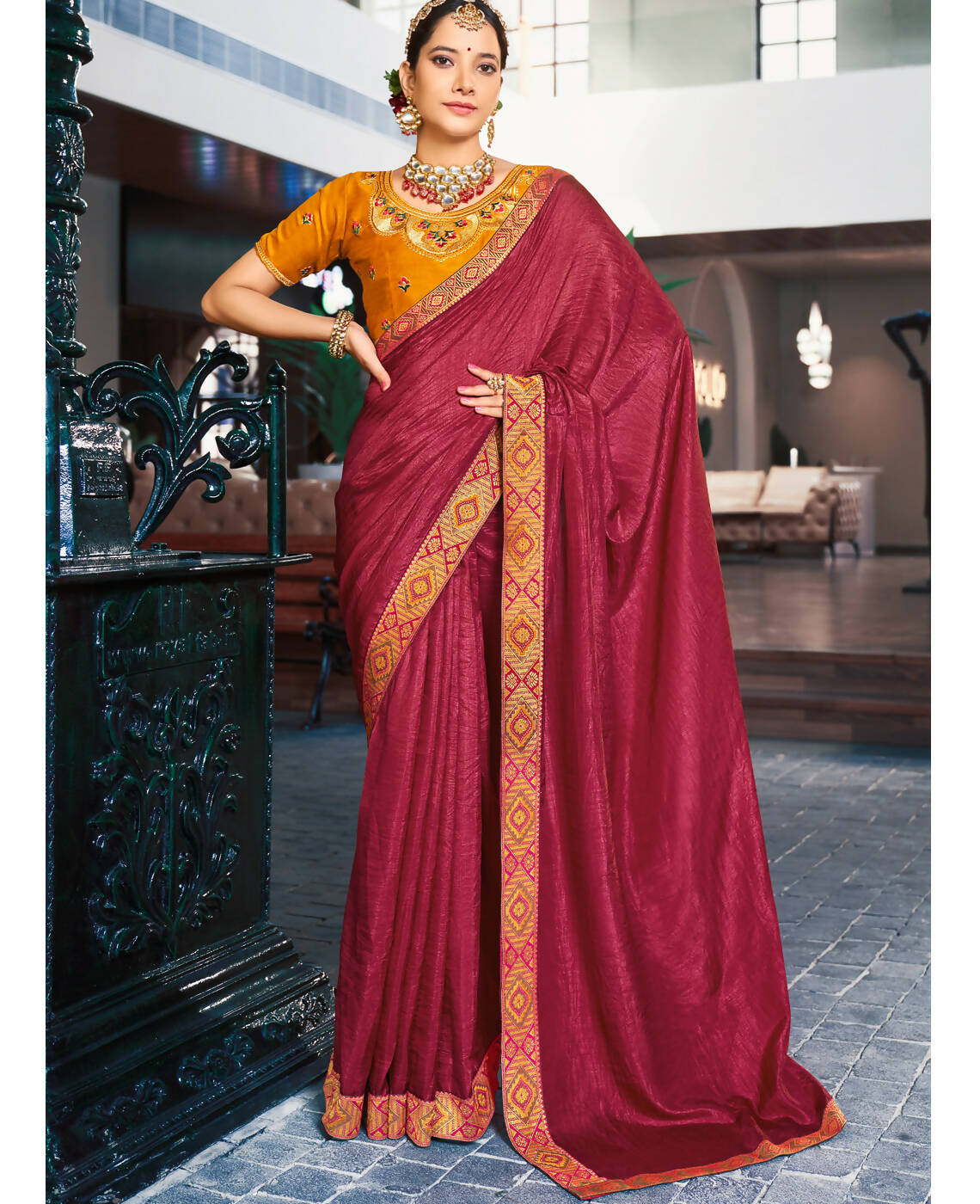Maroon Solid Vichitra Saree With Unstitched Blouse Piece - Selena - Distacart