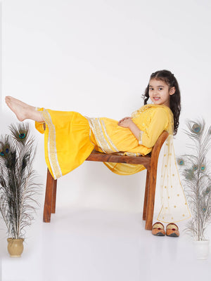 Little Bansi Cotton Gotta Patti Kurta frock with Sharara & Dupatta - Yellow - Distacart