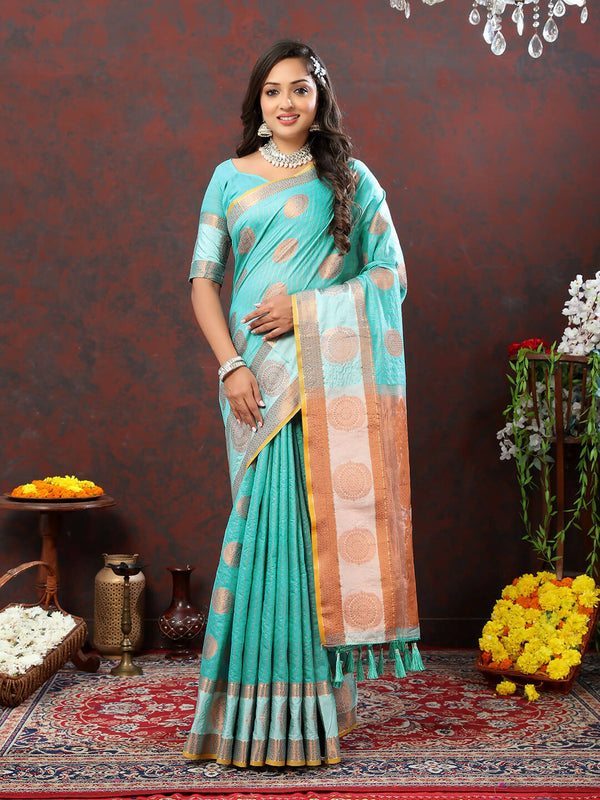 Lorenvalley Fashion Skyblue Cotton with Woven Design Zari Weaving Saree - Distacart