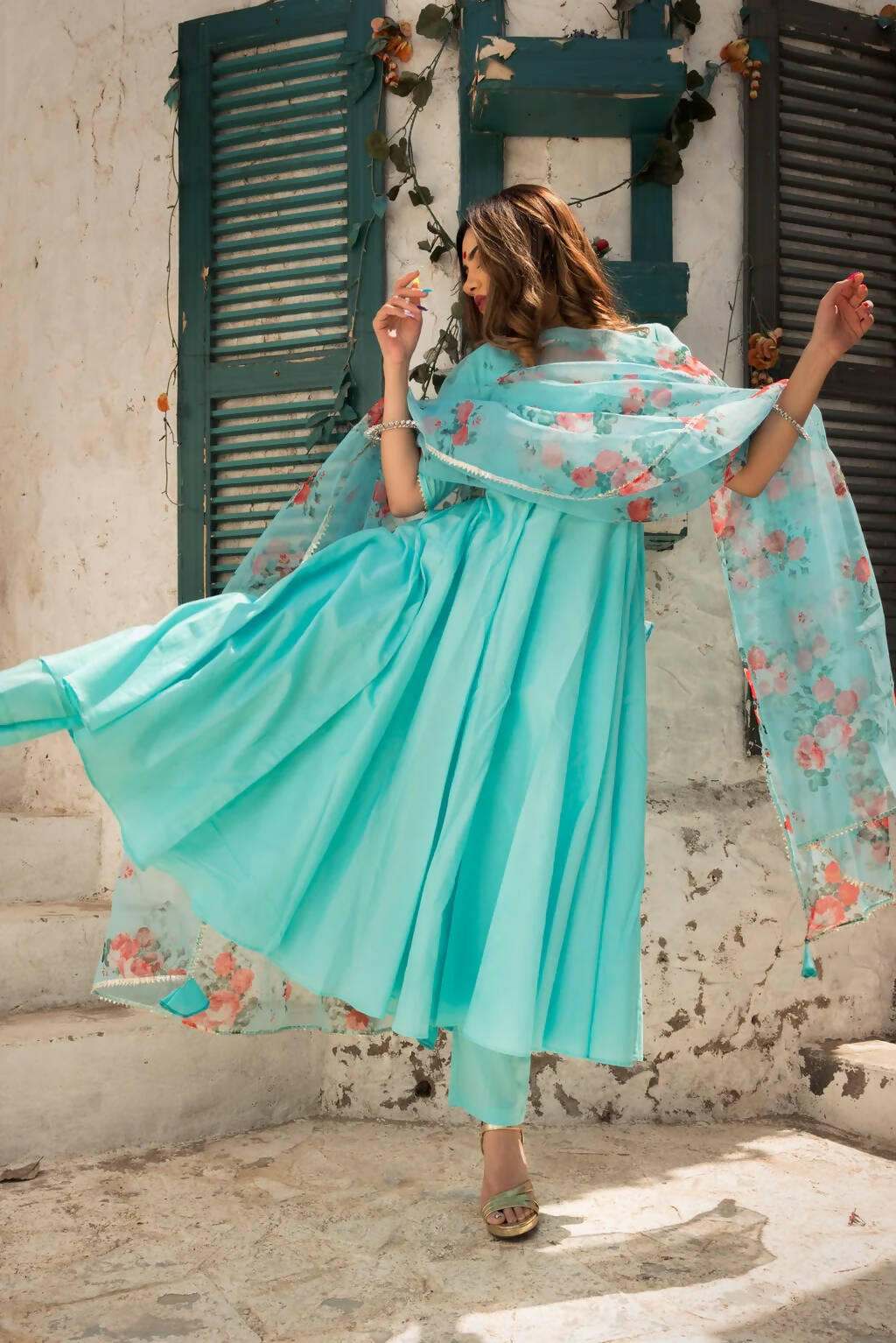 Pomcha Jaipur Blue Berry Pure Cotton Anarkali Set With Organza Dupatta - Distacart