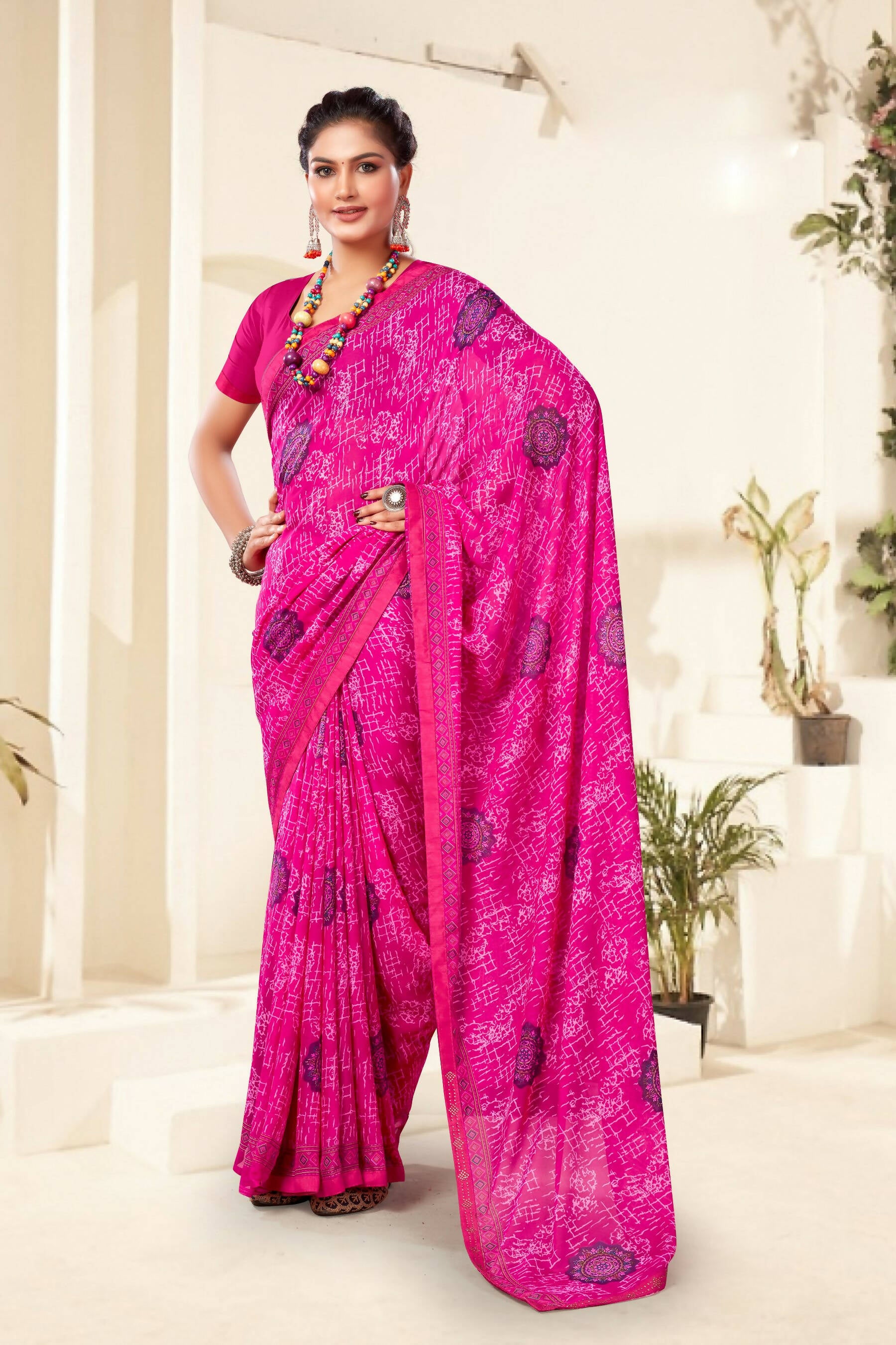 Purple Georgette Texture Printed Saree with Unstitched Blouse Piece - Akansha - Distacart