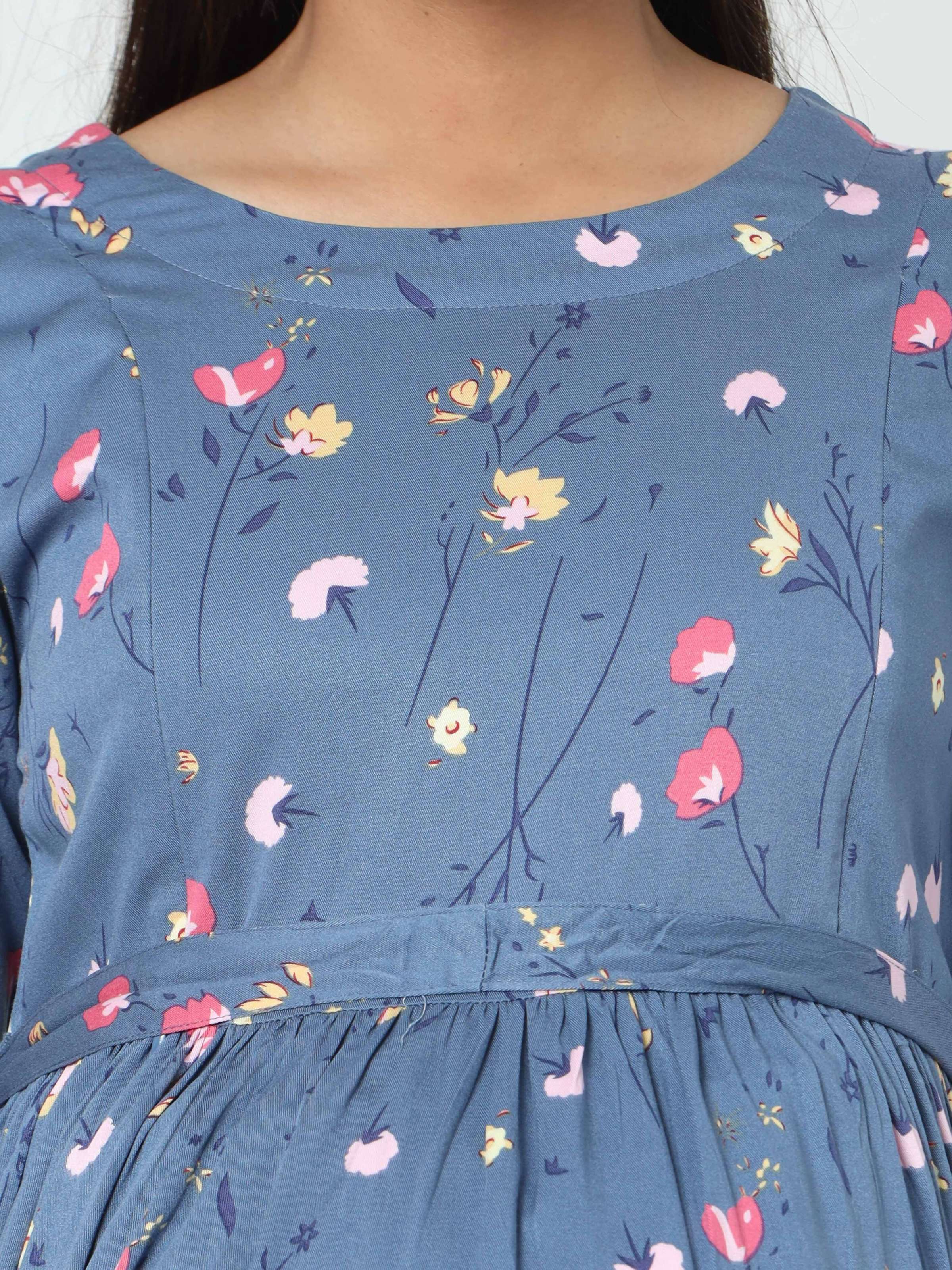 Manet Three Fourth Maternity Dress Floral Print With Concealed Zipper Nursing Access - Dark Grey - Distacart