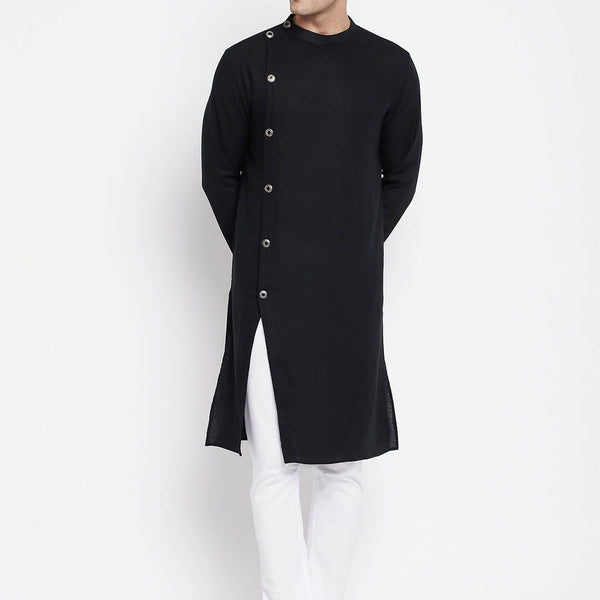 Even Apparels Black Pure Cotton Men's Sherwani Kurta With Asymetrical Cut - Distacart