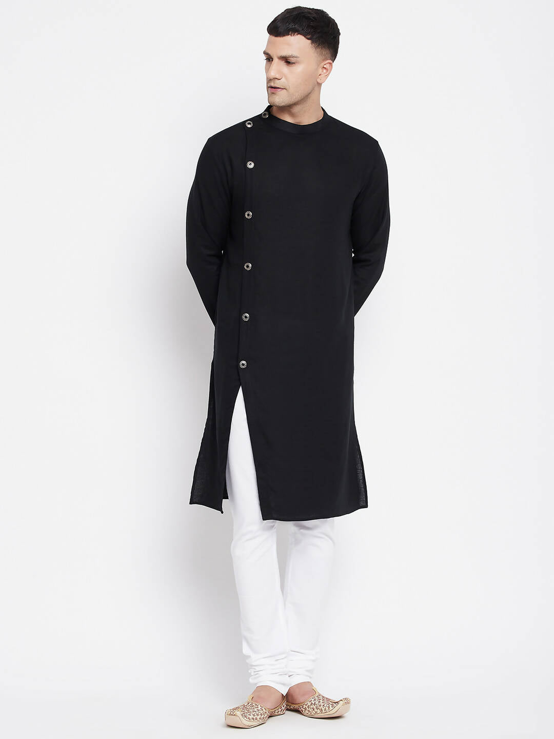 Even Apparels Black Pure Cotton Men's Sherwani Kurta With Asymetrical Cut - Distacart
