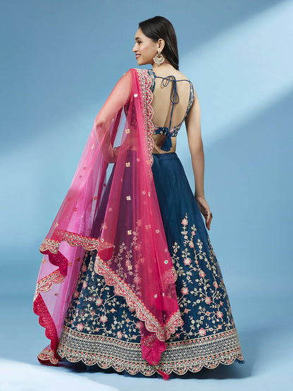 House of Panchhi Teal Net Semi stitched Coding and Mirror Work Lehenga Choli - Distacart