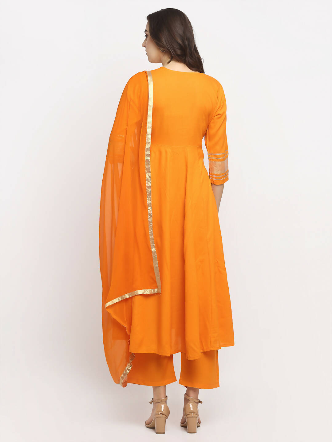 Rudra Bazaar Orange Anarkali Lace Work Kurta with Pyjamas & Dupatta - Distacart