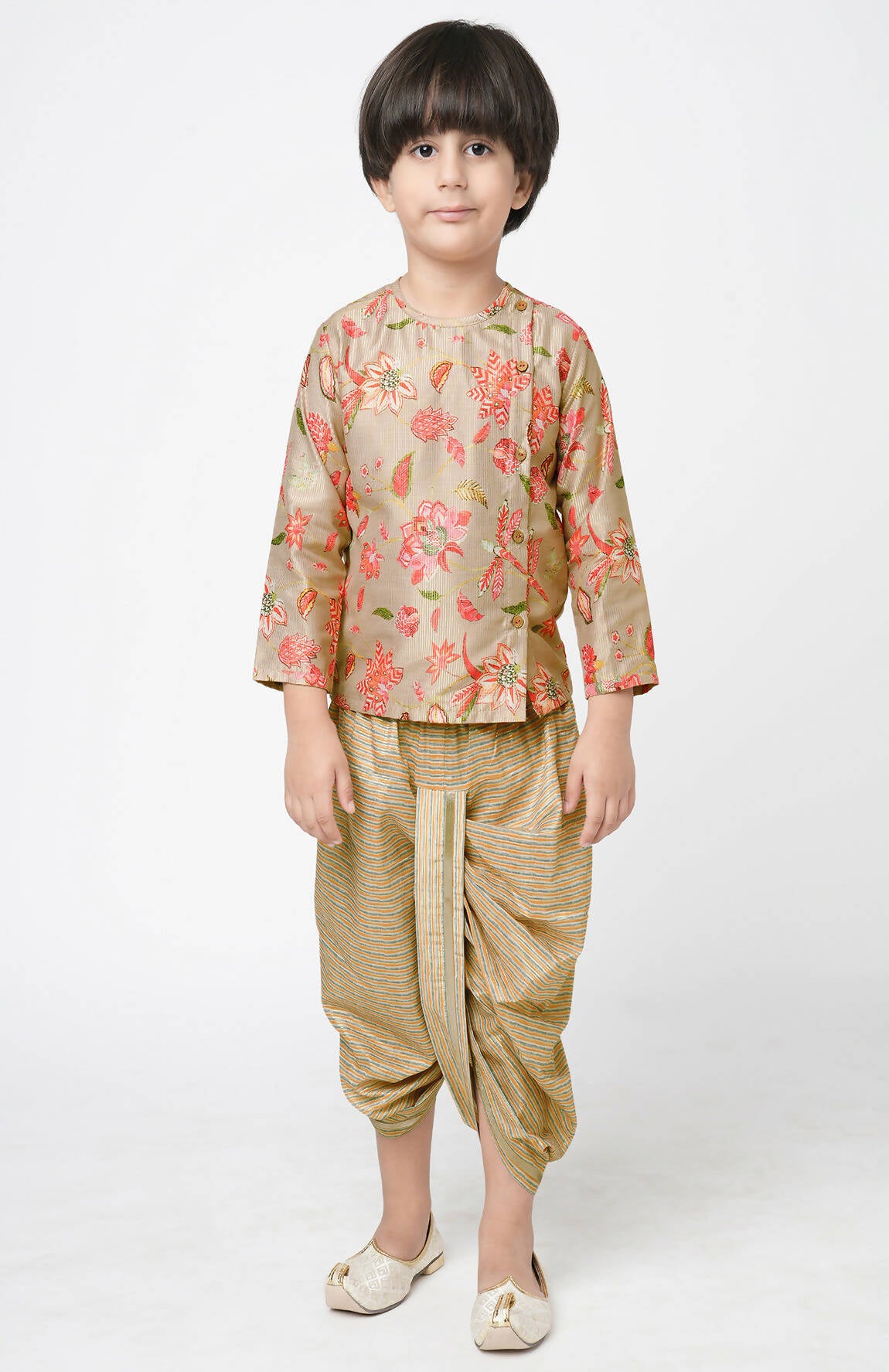 Lil Drama Golden Weaves Boys Beige Kurta With Dhoti Set - Distacart
