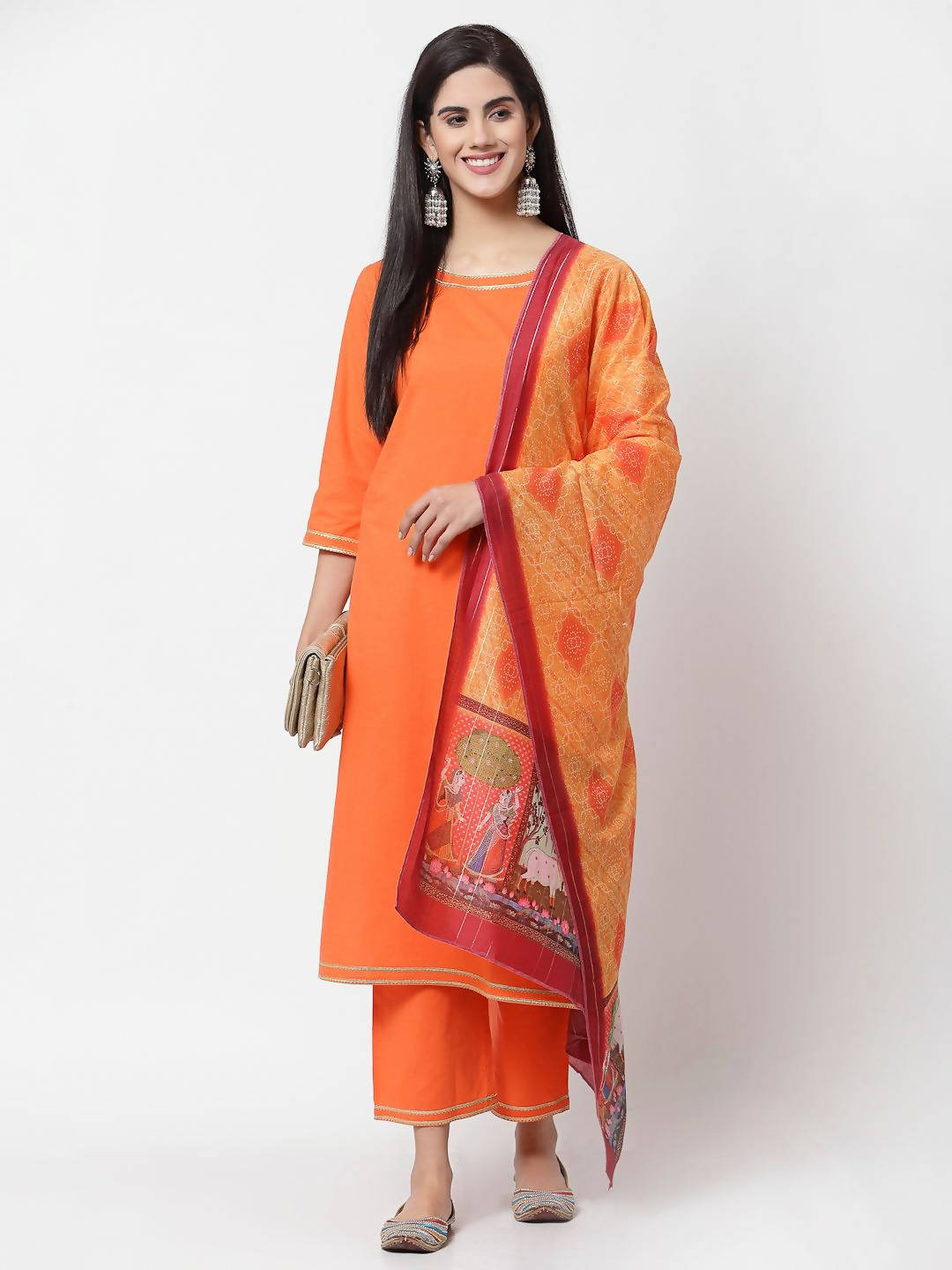 Myshka Orange Solid Cotton 3/4 Sleeve Round Neck Casual Kurta Pant Dupatta Set