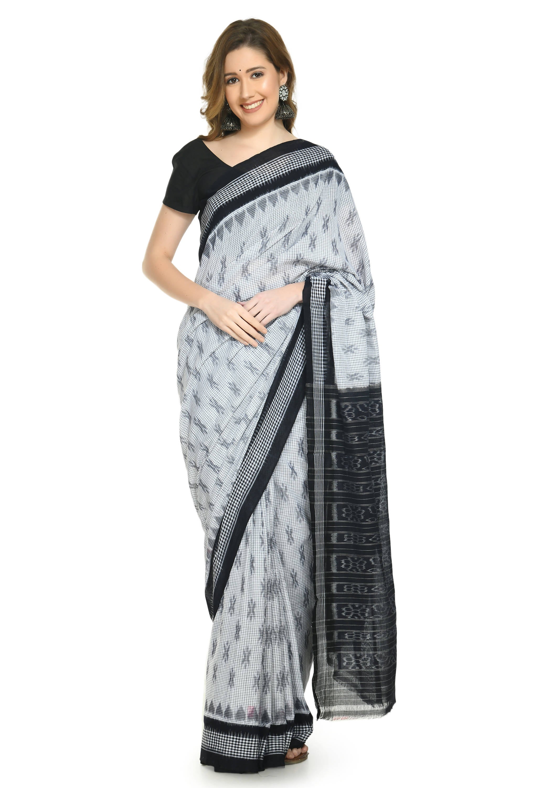Vamika Sambalpuri Ikat Cotton Dehabandha White & Black Checks Saree - Distacart