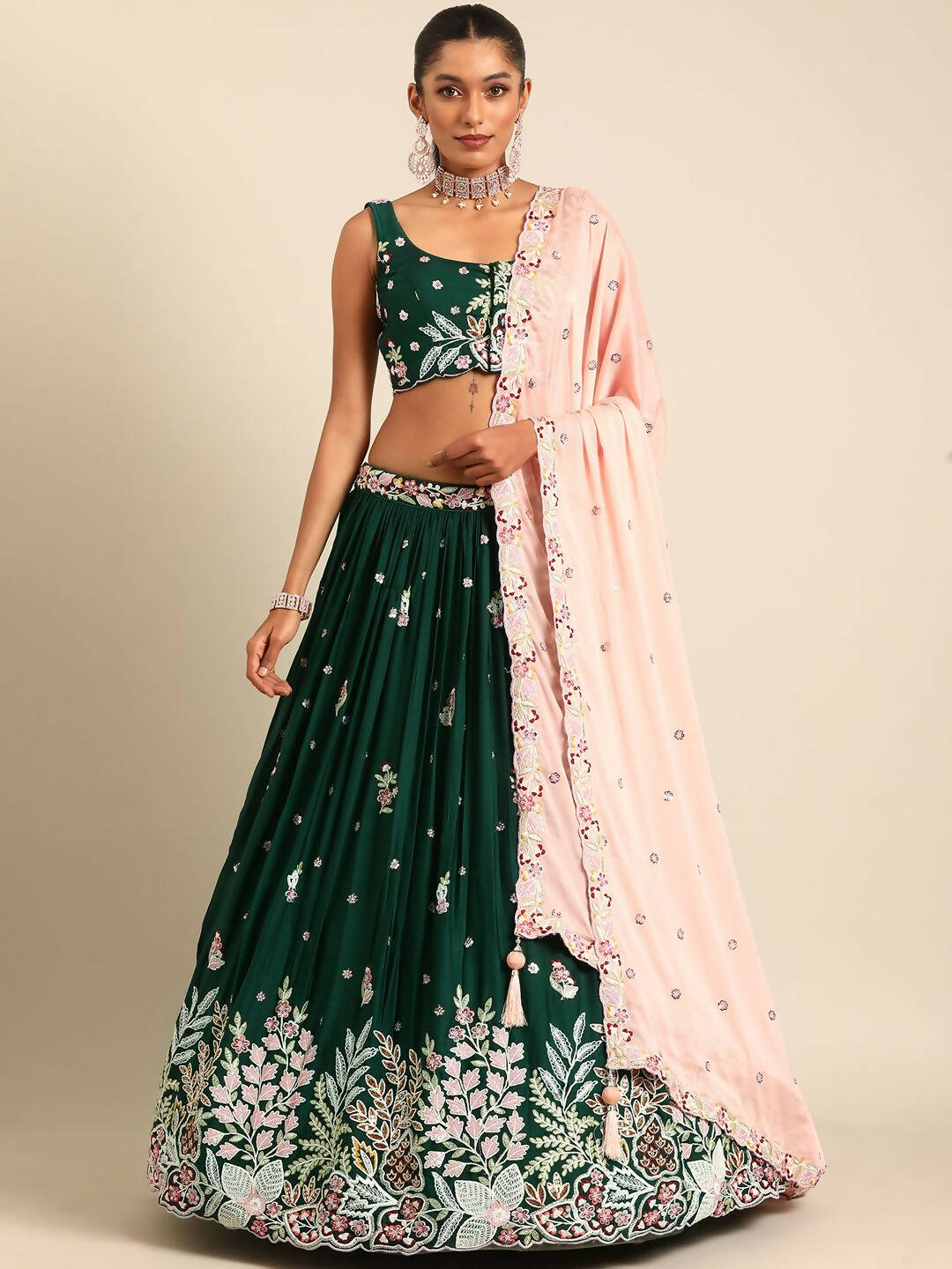 House of Panchhi Green Georgette Sequins and thread embroidery Lehenga choli & Dupatta - Distacart