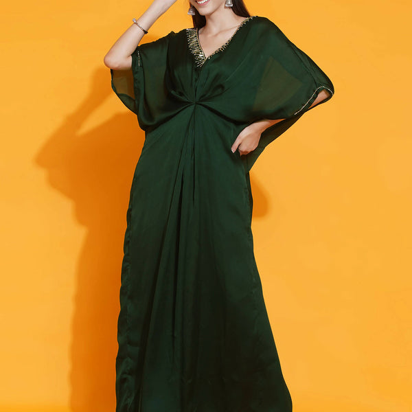 Women Republic Green Georgette Hand Embellished Kaftan Style Gown - Distacart